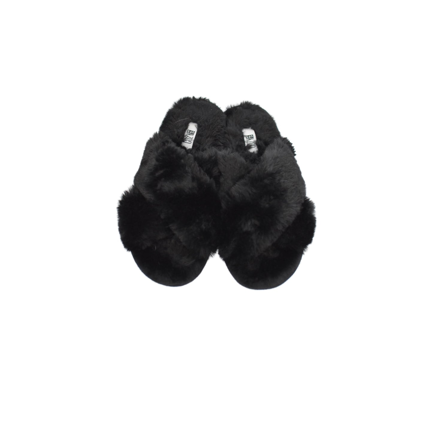 Black fuzzy criss cross slippers