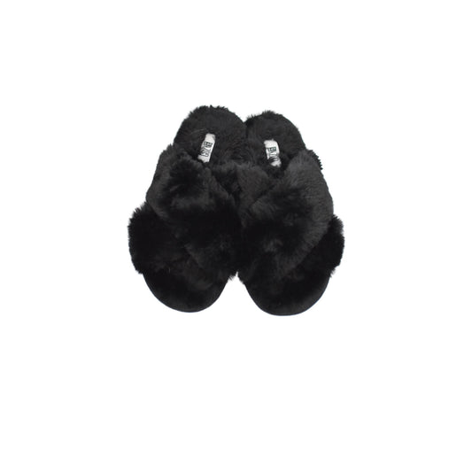 Black fuzzy criss cross slippers