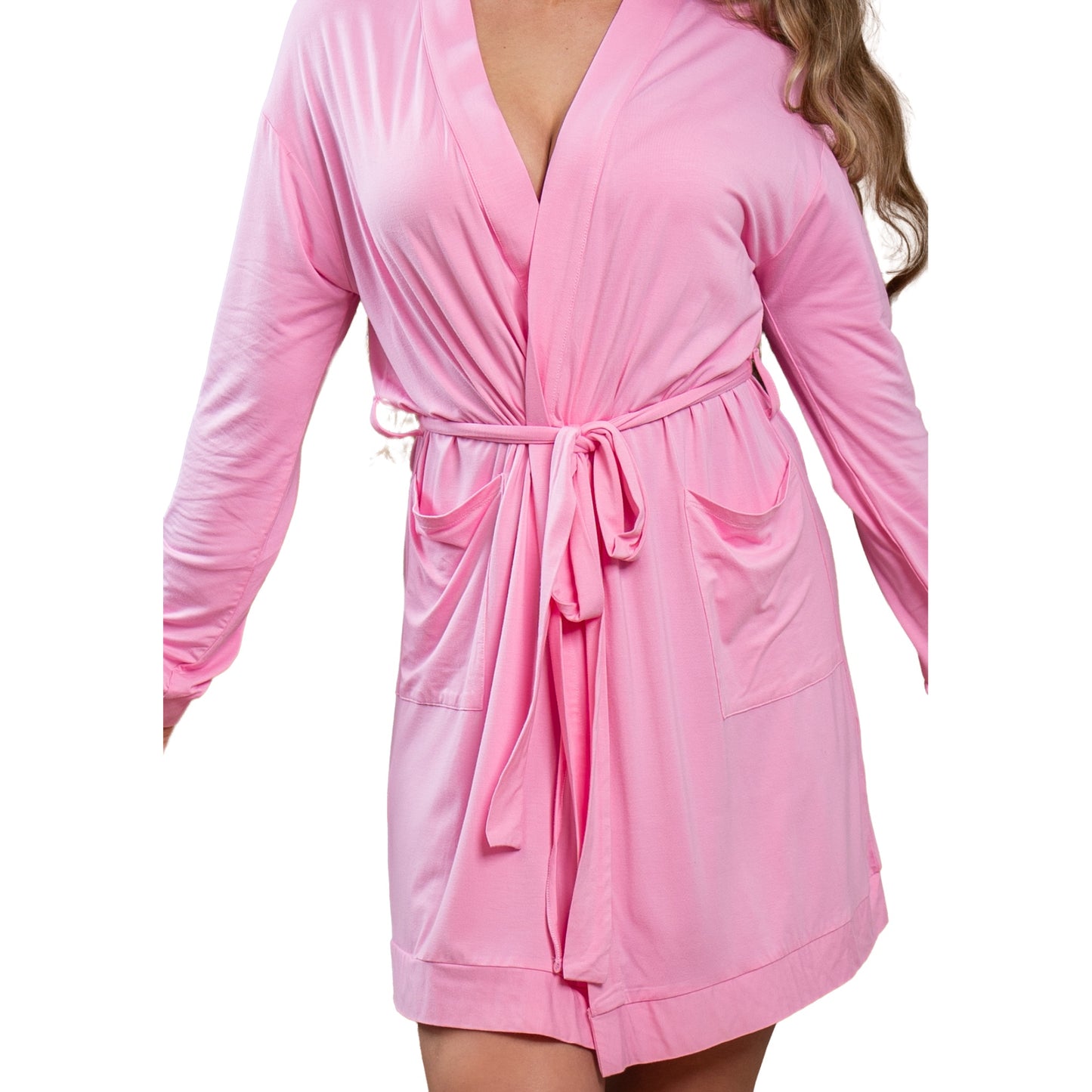 A girl wearing a pink Bamboo Robe with Tan Slippers close up