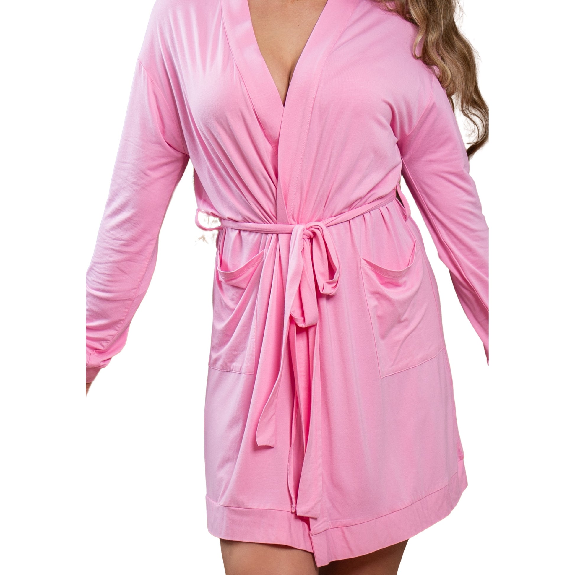 A girl wearing a pink Bamboo Robe with Tan Slippers close up