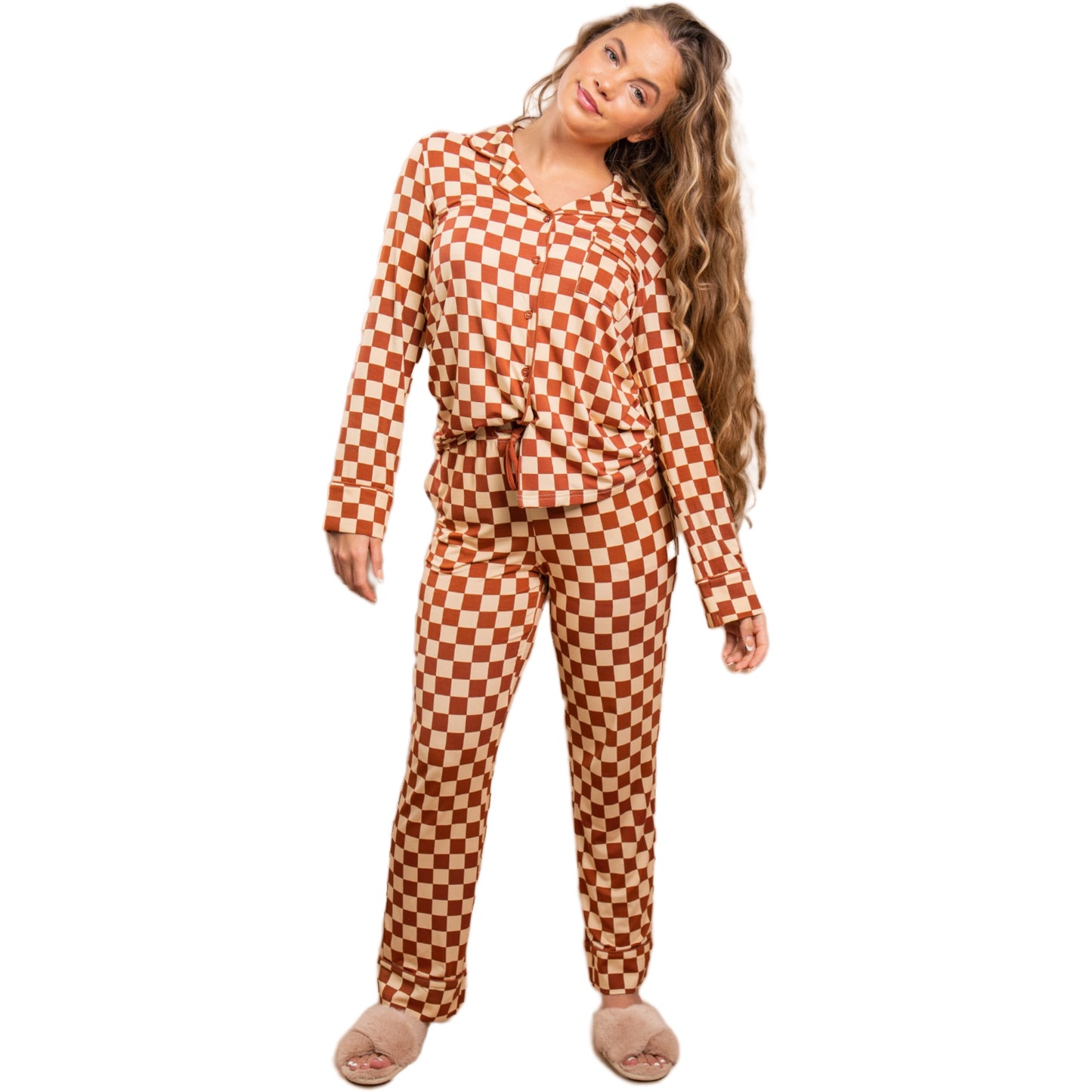 A girl wearing a brown checkered bamboo lounge set