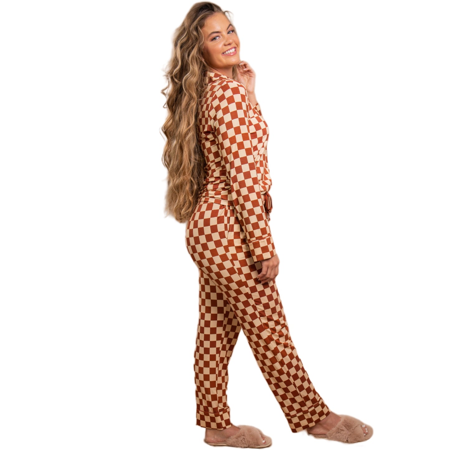 Catherine Neutral Checkered Long Sleeve Pajama Set