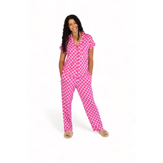 Luna Pink Checkered Pajamas Short Sleeve Long Pants Set