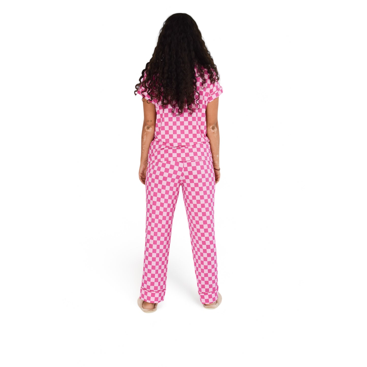 Luna Pink Checkered Pajamas Short Sleeve Long Pants Set