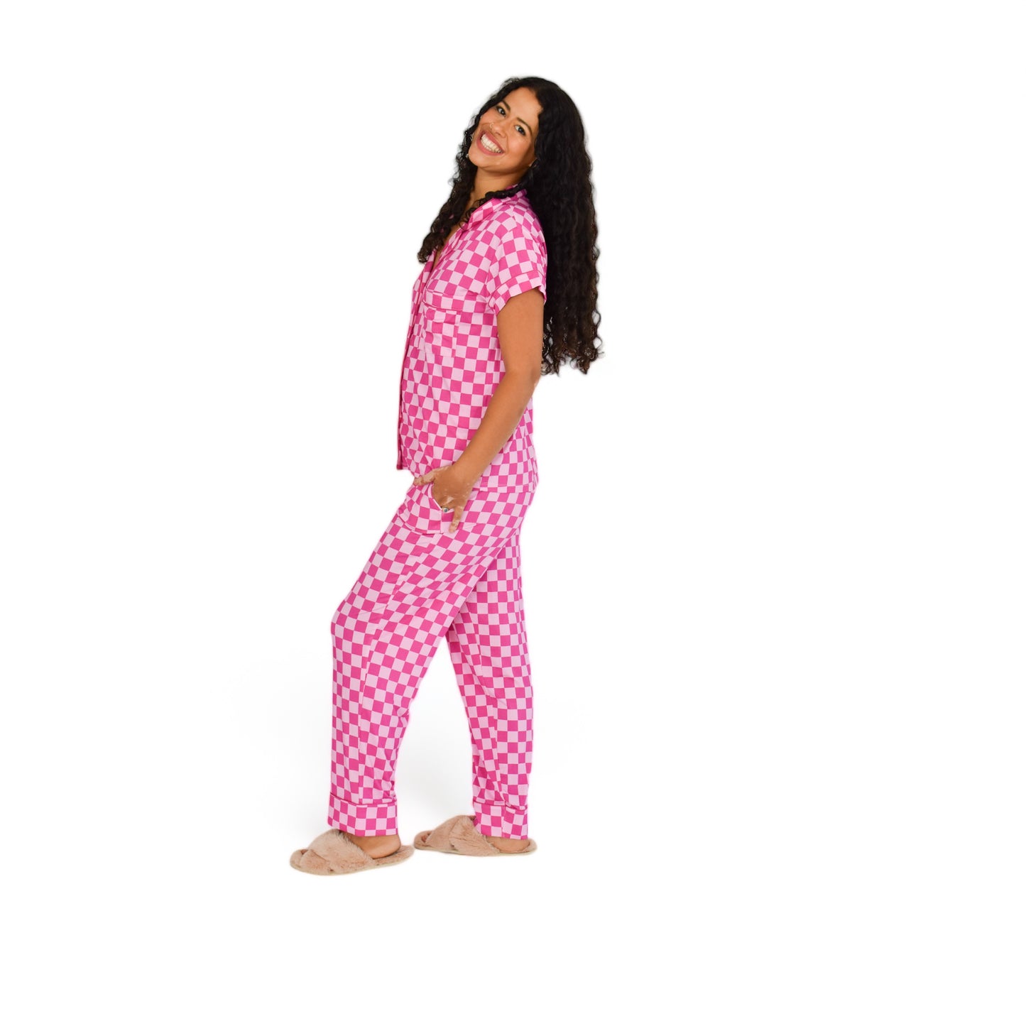 Luna Pink Checkered Pajamas Short Sleeve Long Pants Set