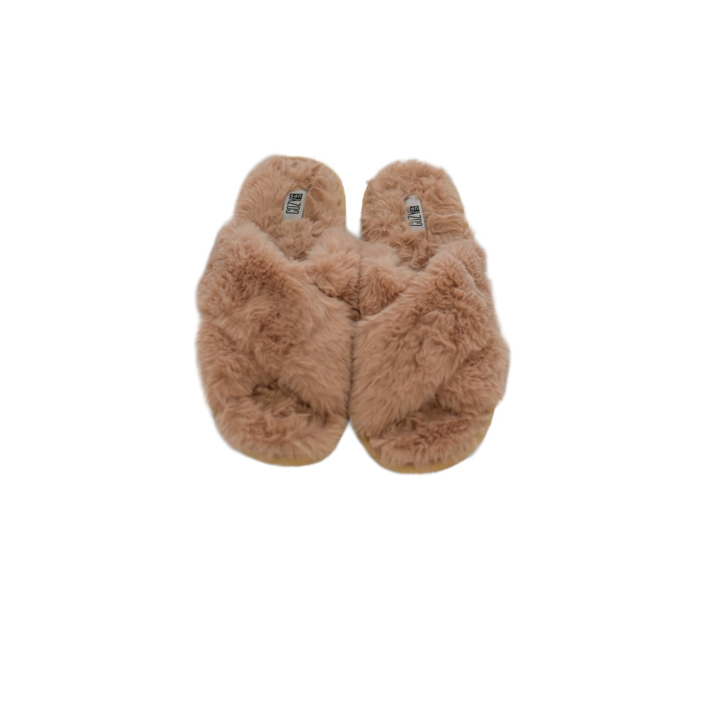 Tan fuzzy criss cross slippers