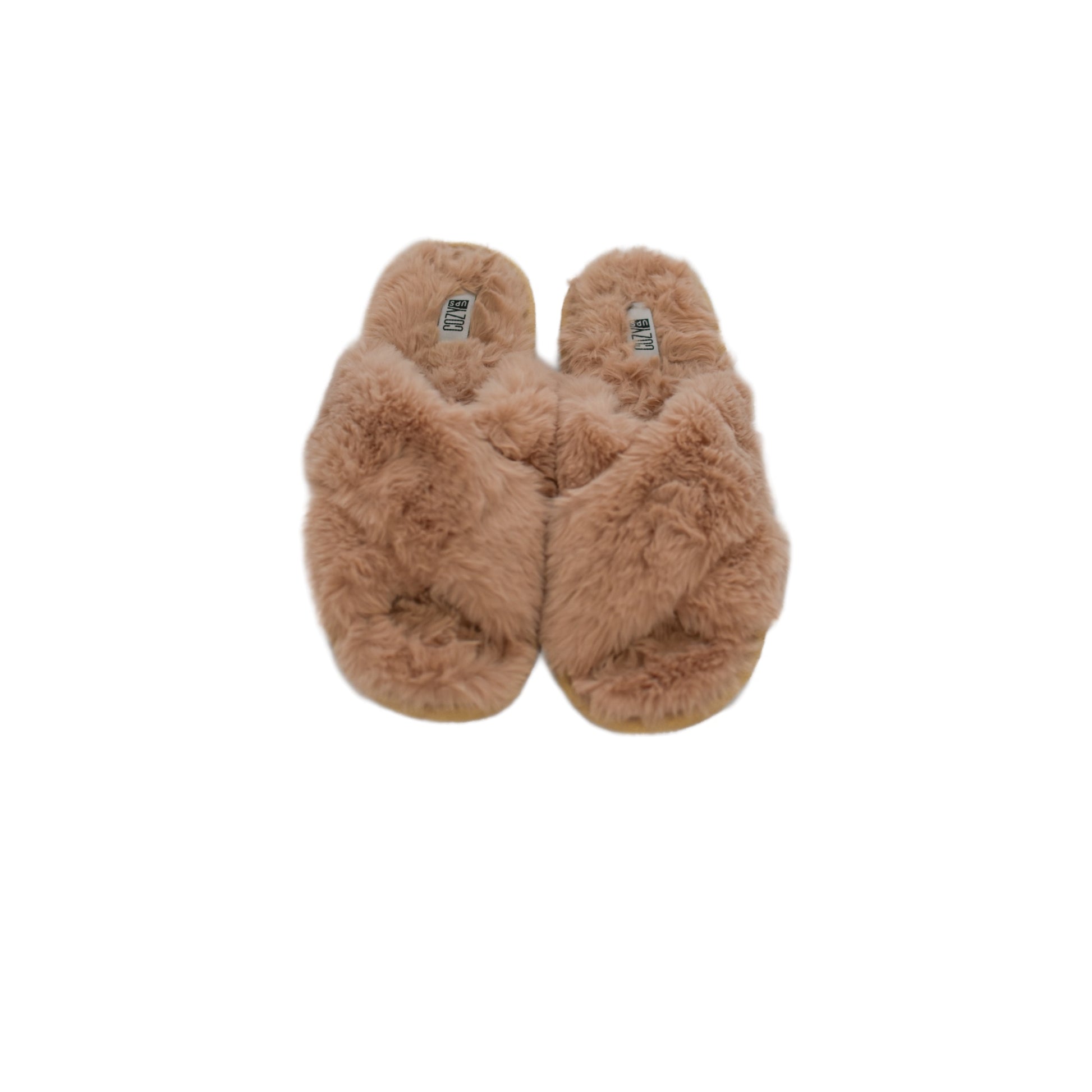 Tan fuzzy criss cross slippers
