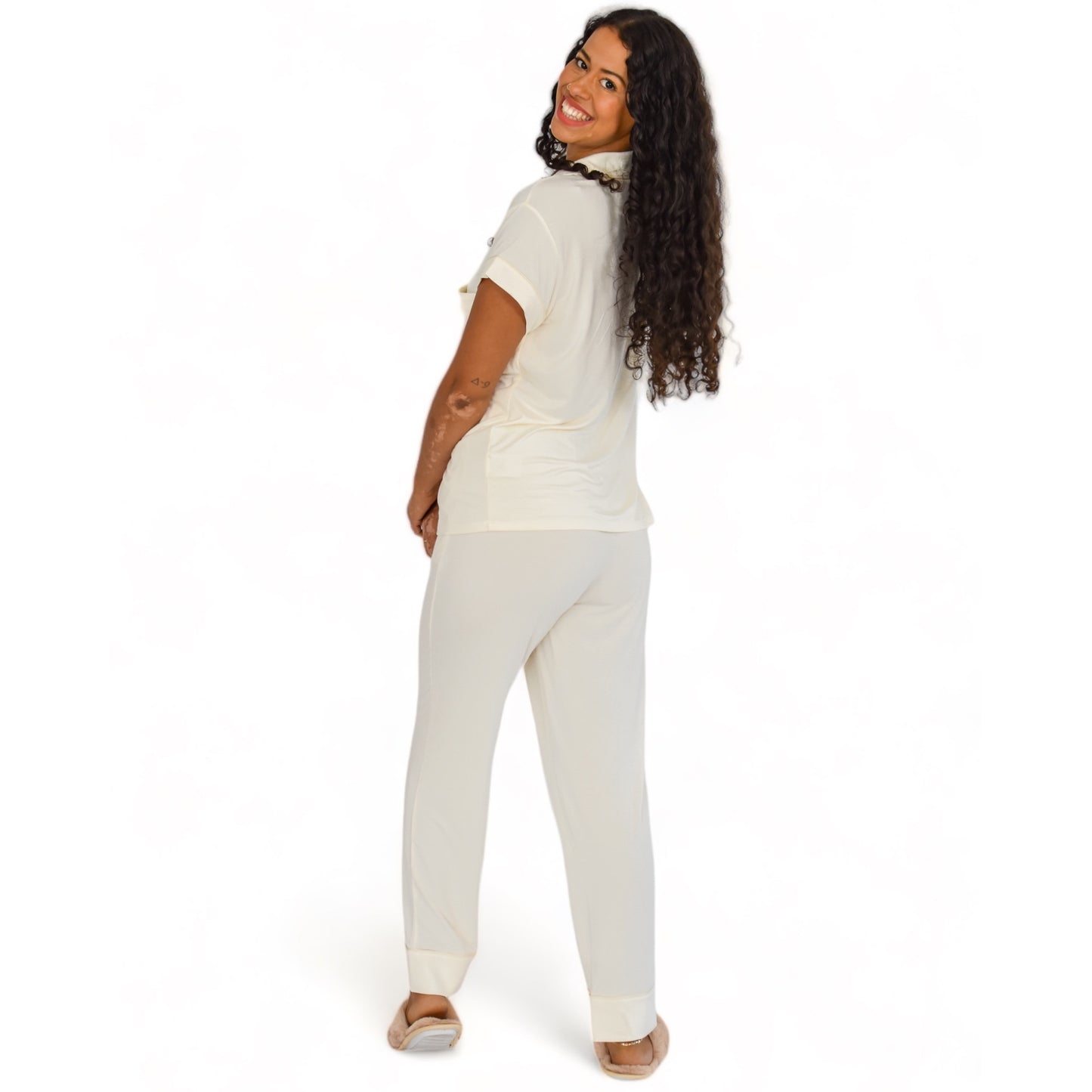 Luna White Pajama Short Sleeve Long Pants Set