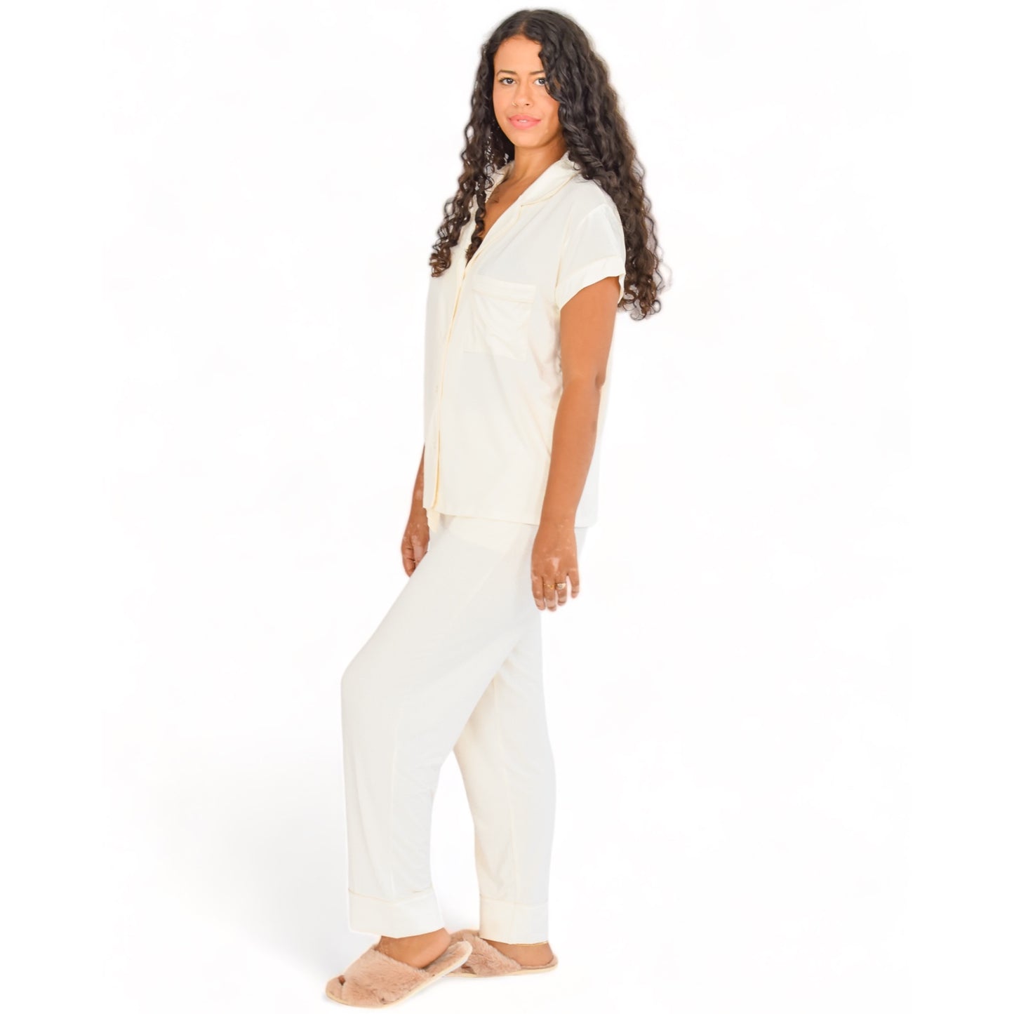 Luna White Pajama Short Sleeve Long Pants Set