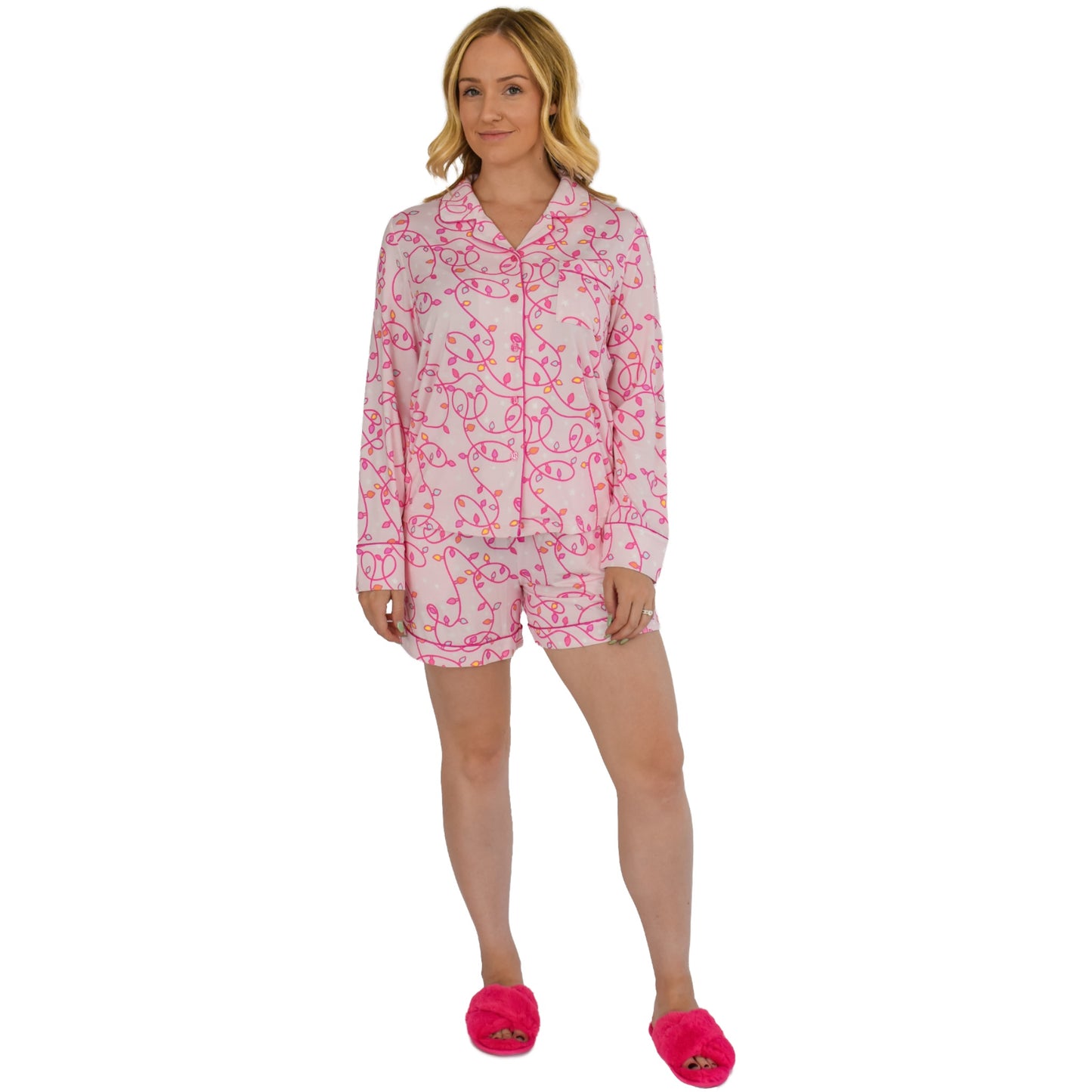 Quinn Pretty in Pink Lights Holiday Pajamas Long Sleeve Short Set