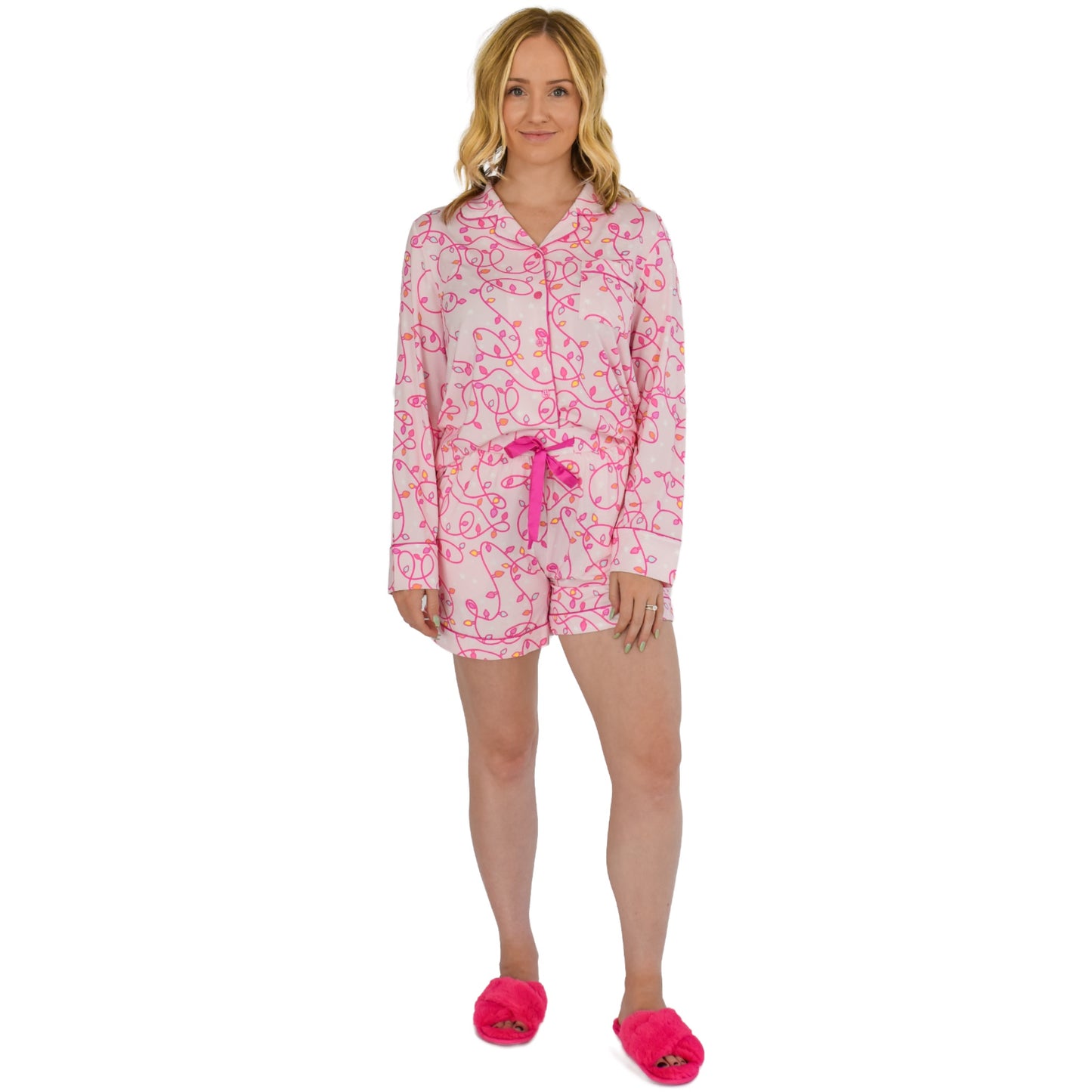 Quinn Pretty in Pink Lights Holiday Pajamas Long Sleeve Short Set