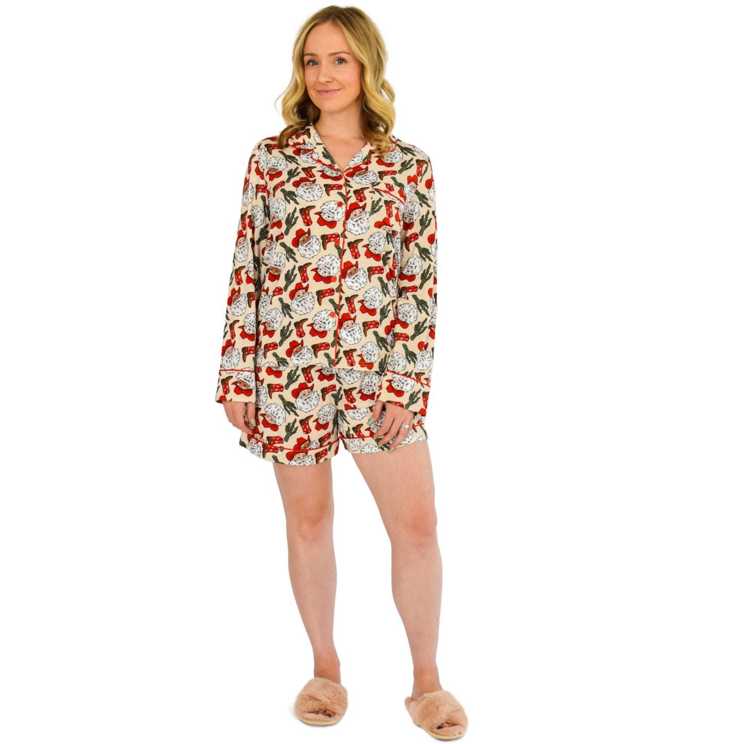 Quinn Western Santa Christmas Pajama Long Sleeve Short Set