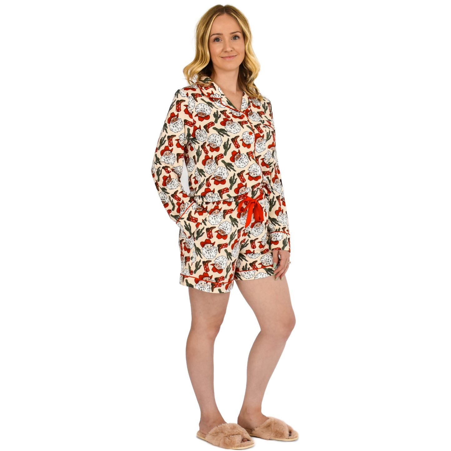 Quinn Western Santa Christmas Pajama Long Sleeve Short Set